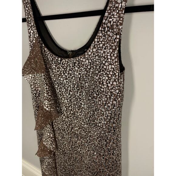Guess Los Angeles, Size 1, Brown & Metallic Ruffle Mini Dress, Y2K, Shift, EUC - Picture 2 of 7
